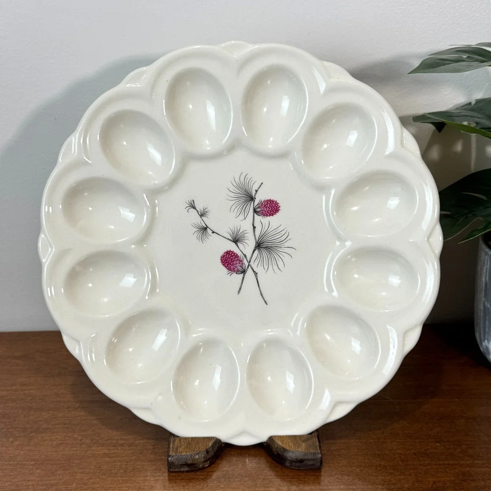 Vintage Deviled Egg Plate Pinecone Design White Serving Platter Retro Kitchen